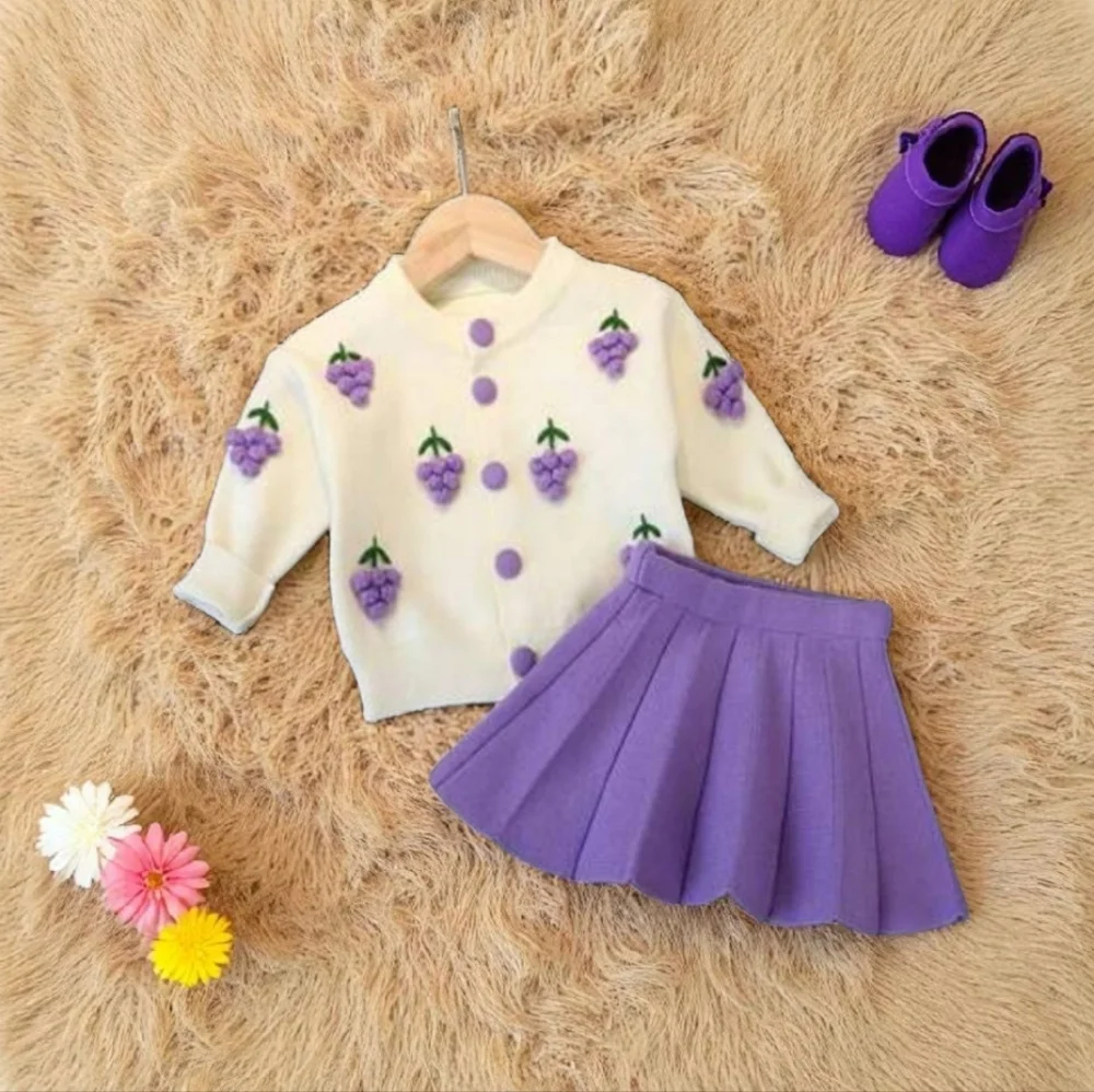 Spring Autumn Girls Grape Pom Pom Longsleeve Cardigan & Pleated Knit Skirt 2Pcs.